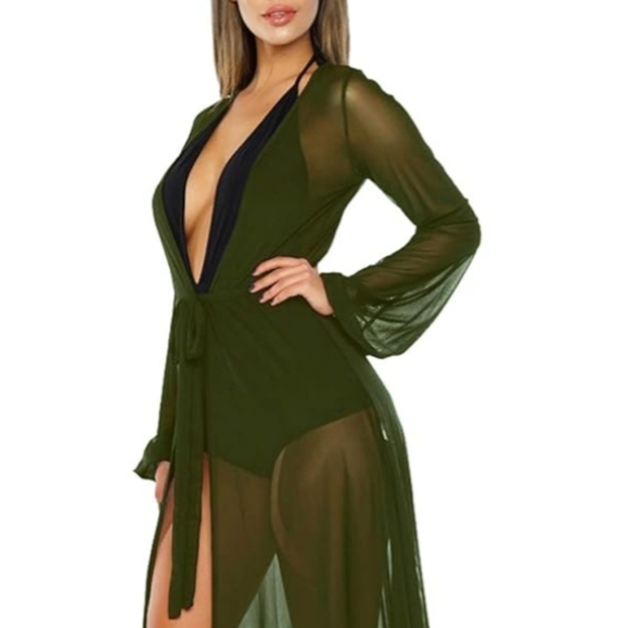 Army Green Sheer Floor Length Robe Long Moss Olive Maxi Dress Layer Deep V New - Picture 3 of 10